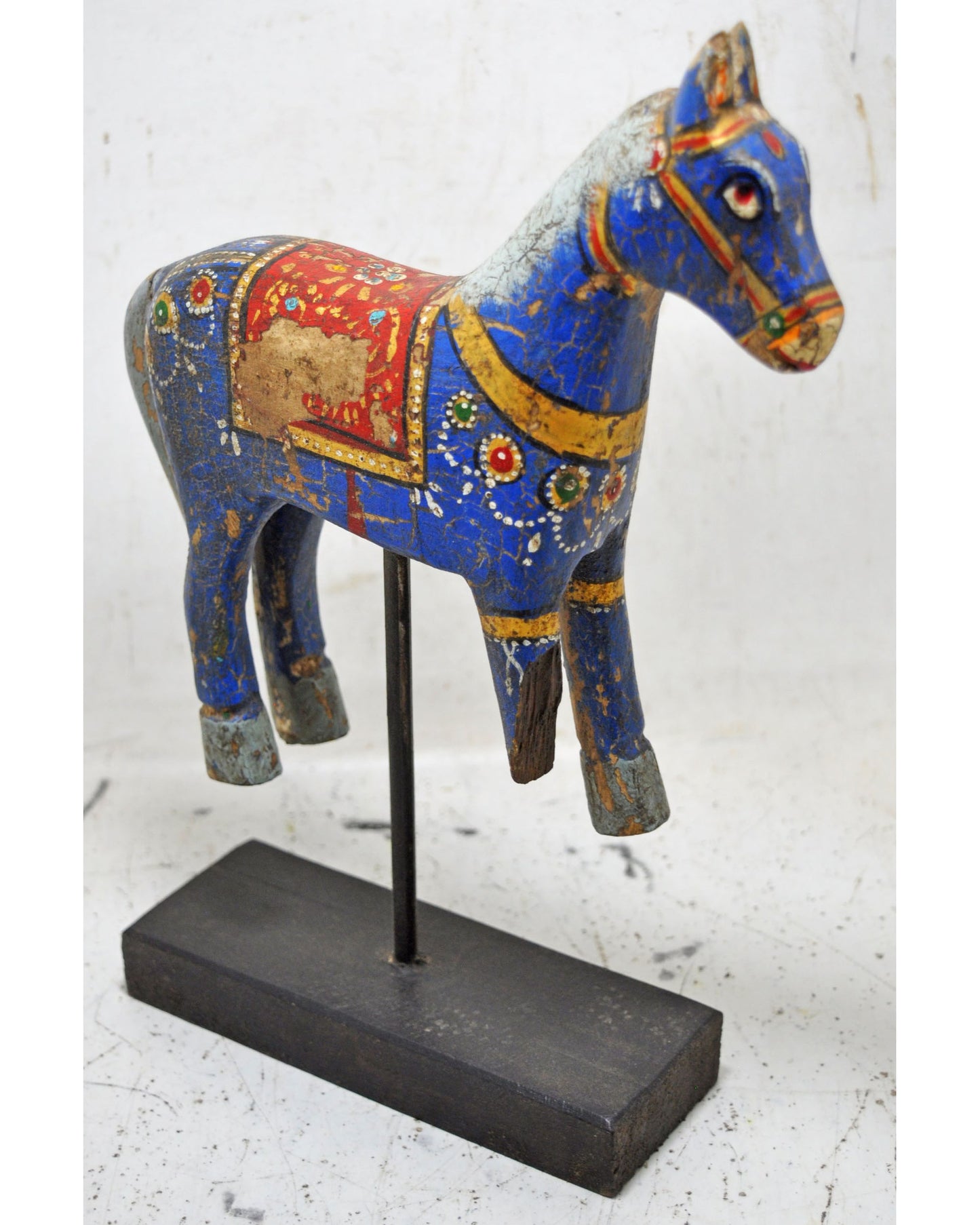 Hand Carved Rustic Painted Wooden Horse Figurine on Stand
