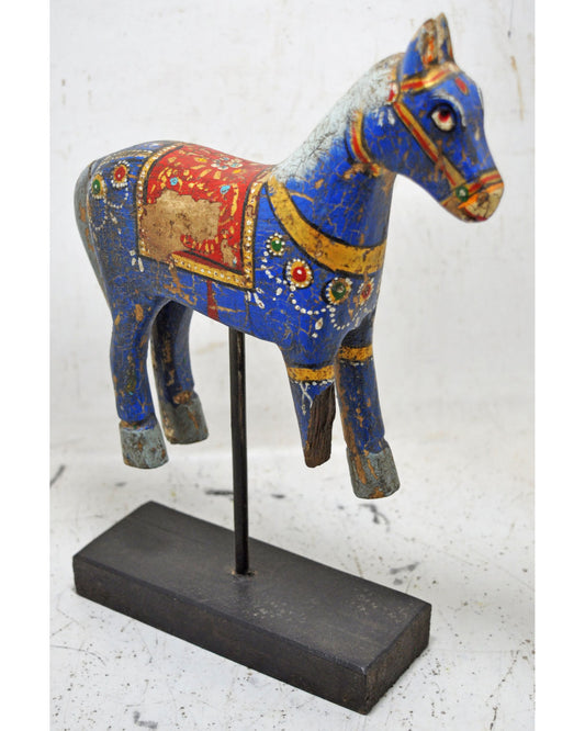 Hand Carved Rustic Painted Wooden Horse Figurine on Stand