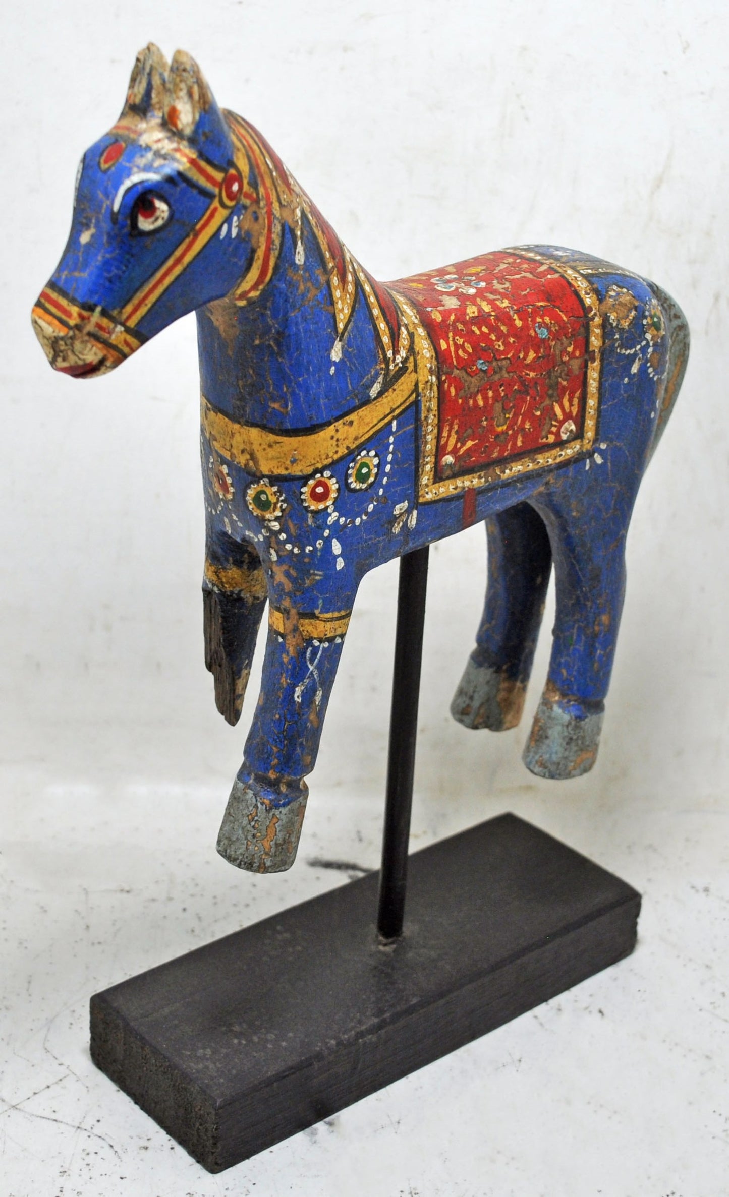 Hand Carved Rustic Painted Wooden Horse Figurine on Stand