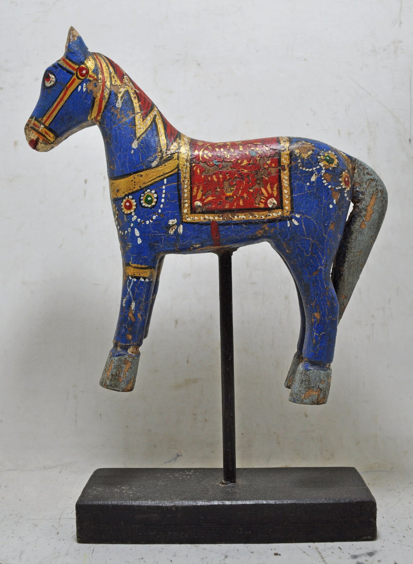 Hand Carved Rustic Painted Wooden Horse Figurine on Stand