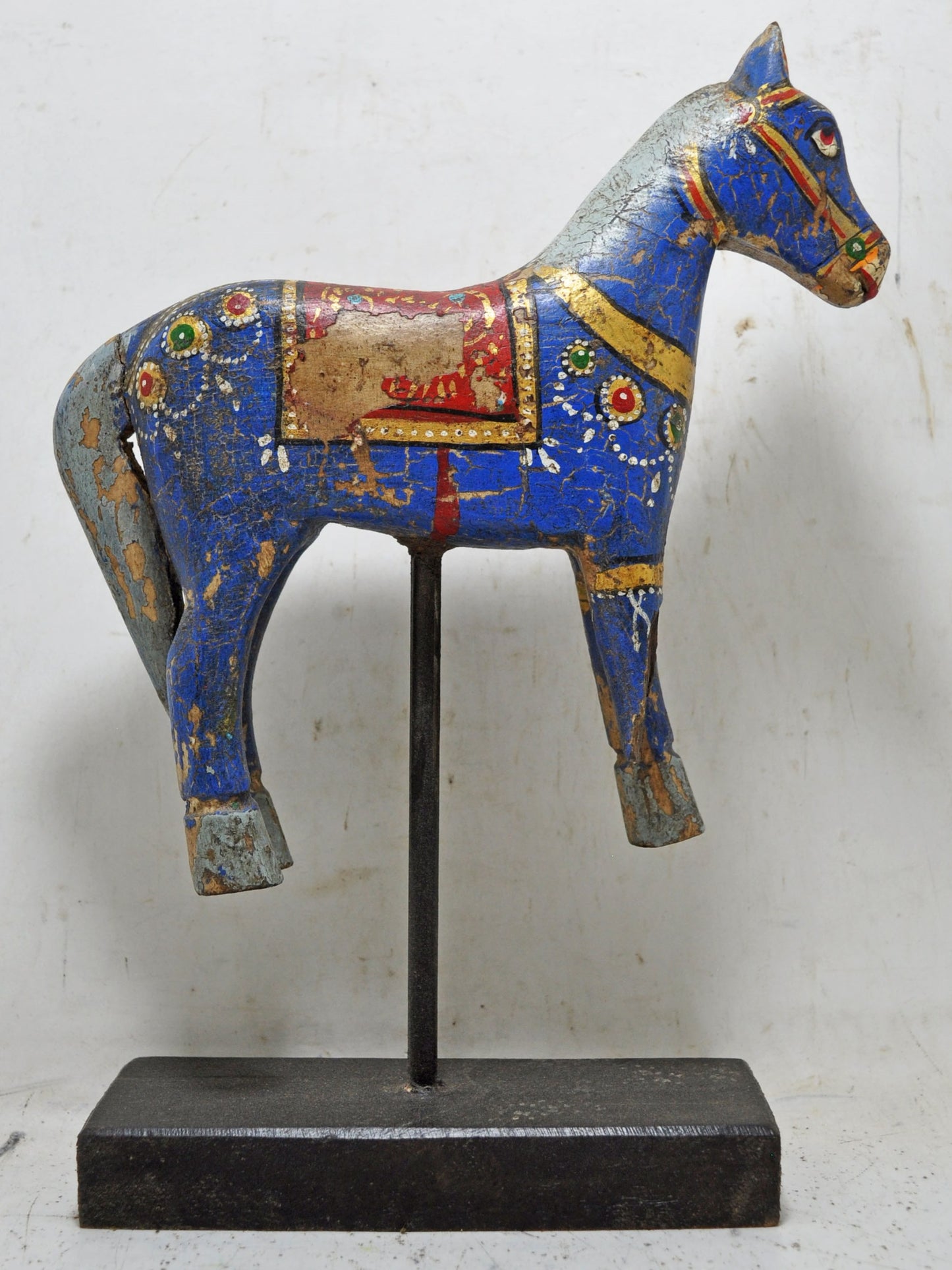 Hand Carved Rustic Painted Wooden Horse Figurine on Stand
