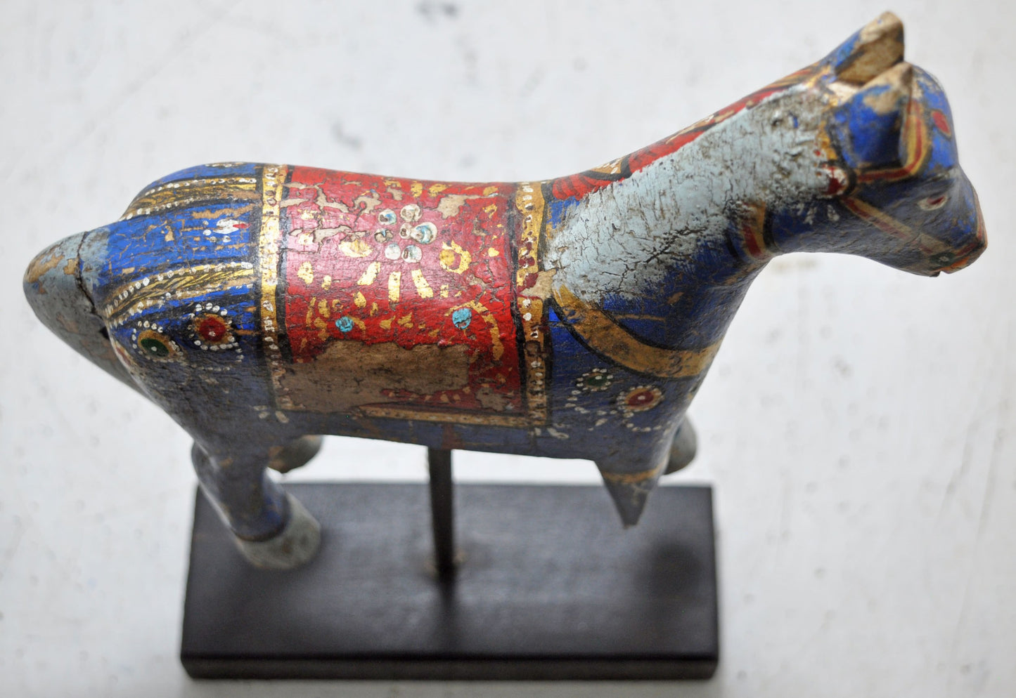 Hand Carved Rustic Painted Wooden Horse Figurine on Stand