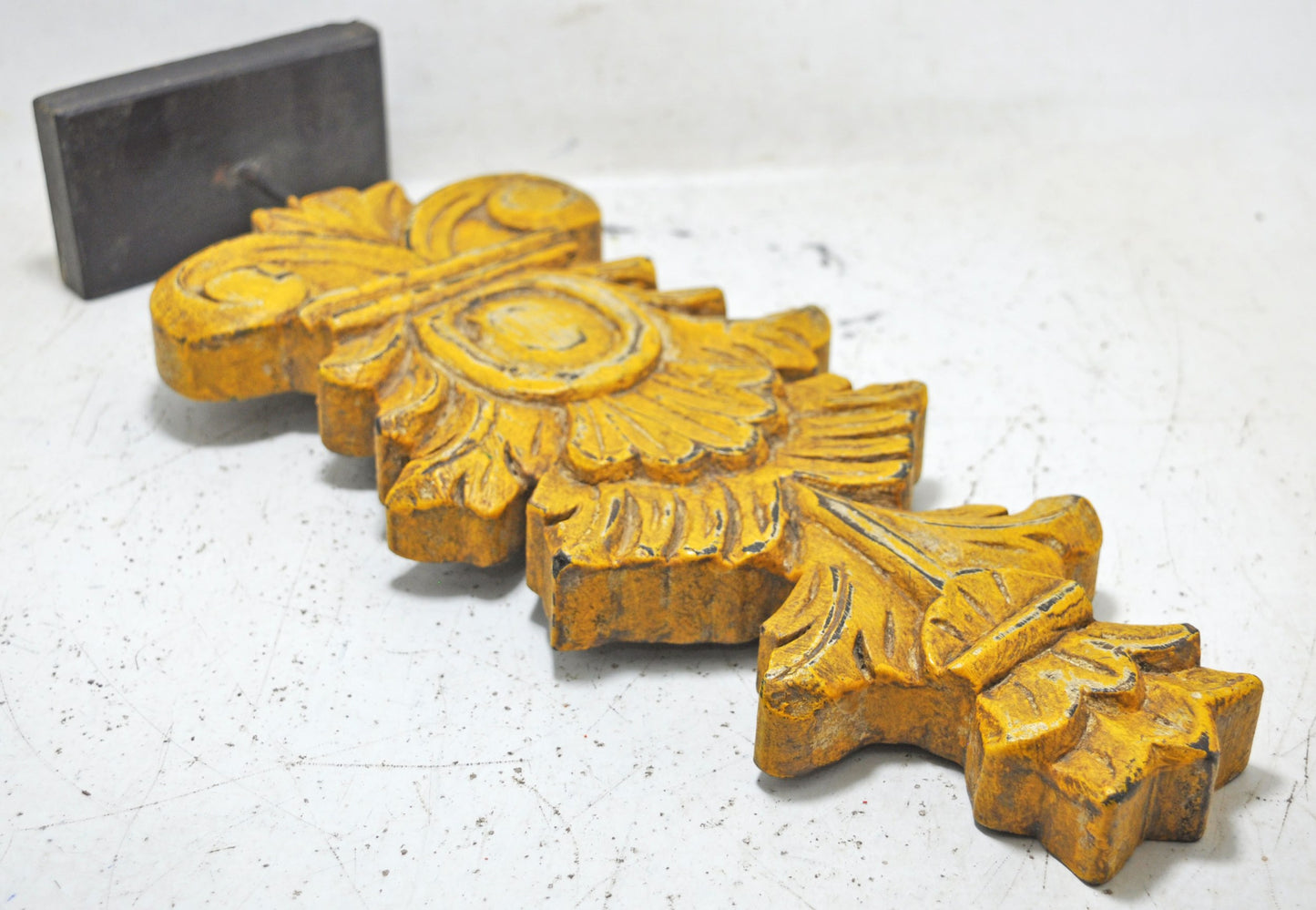 Hand Carved Wooden Decorative Floral Carving Panel Plaque Rustic Yellow Painted