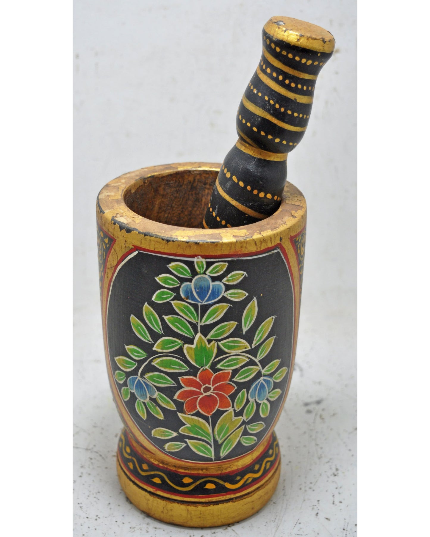 Vintage Wooden Motar and Pestle Spice Grinder Original Old Hand Carved New Painted