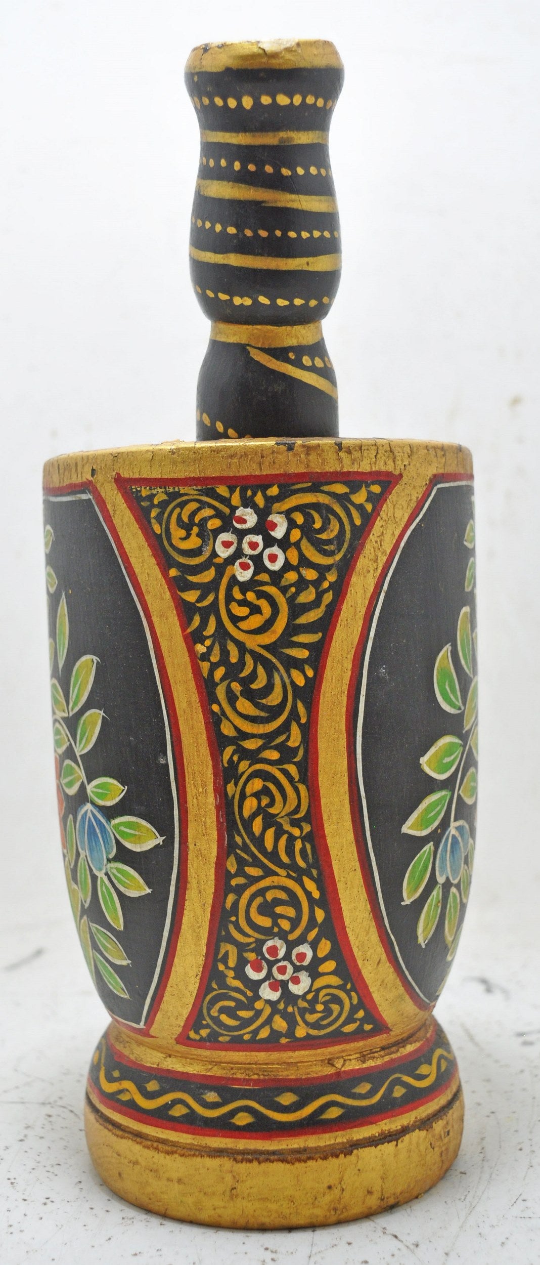 Vintage Wooden Motar and Pestle Spice Grinder Original Old Hand Carved New Painted