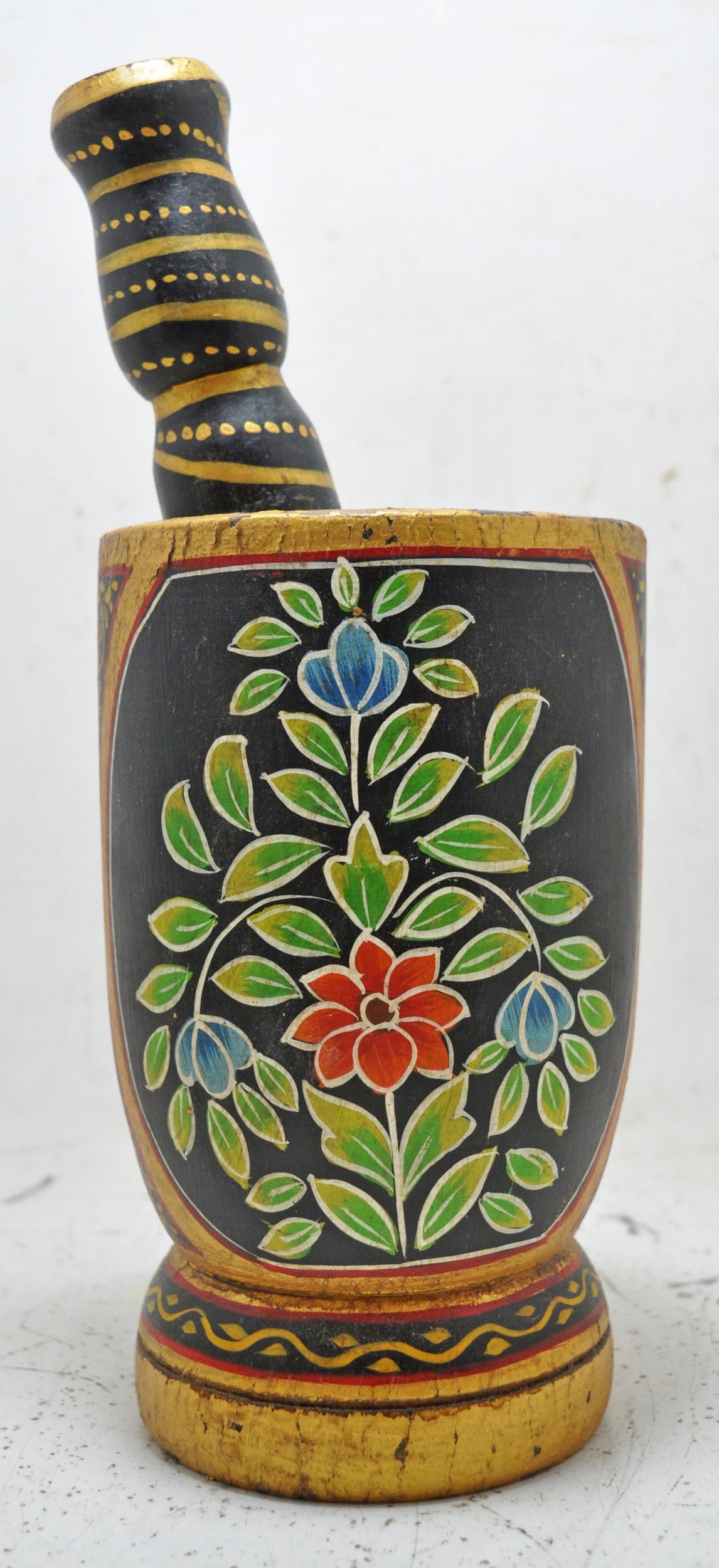 Vintage Wooden Motar and Pestle Spice Grinder Original Old Hand Carved New Painted