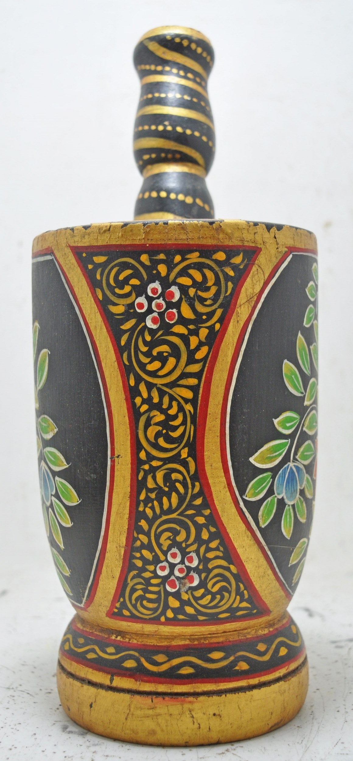 Vintage Wooden Motar and Pestle Spice Grinder Original Old Hand Carved New Painted