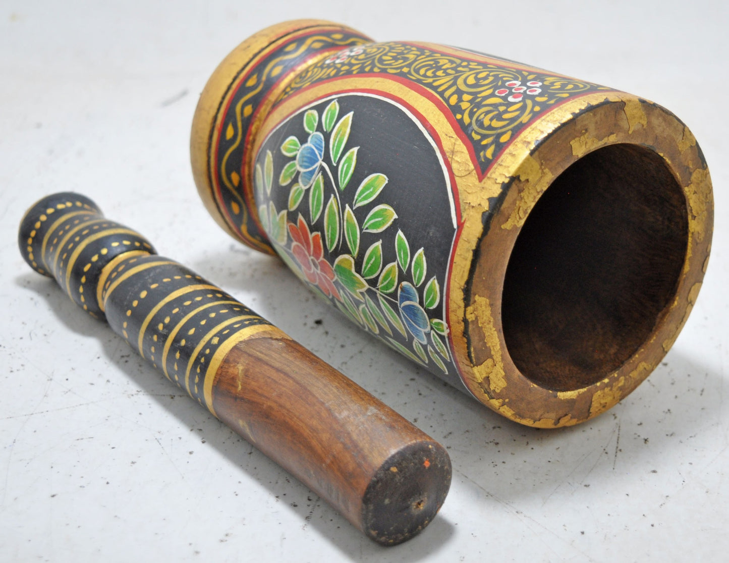 Vintage Wooden Motar and Pestle Spice Grinder Original Old Hand Carved New Painted