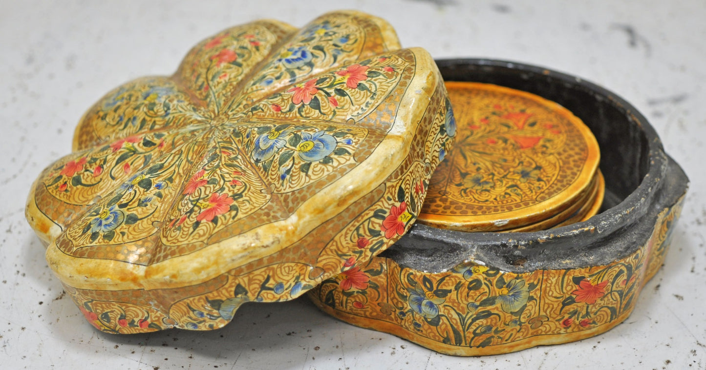 Vintage Wooden Papermache 6 Coasters Box Original Old Hand Crafted Fine Painted