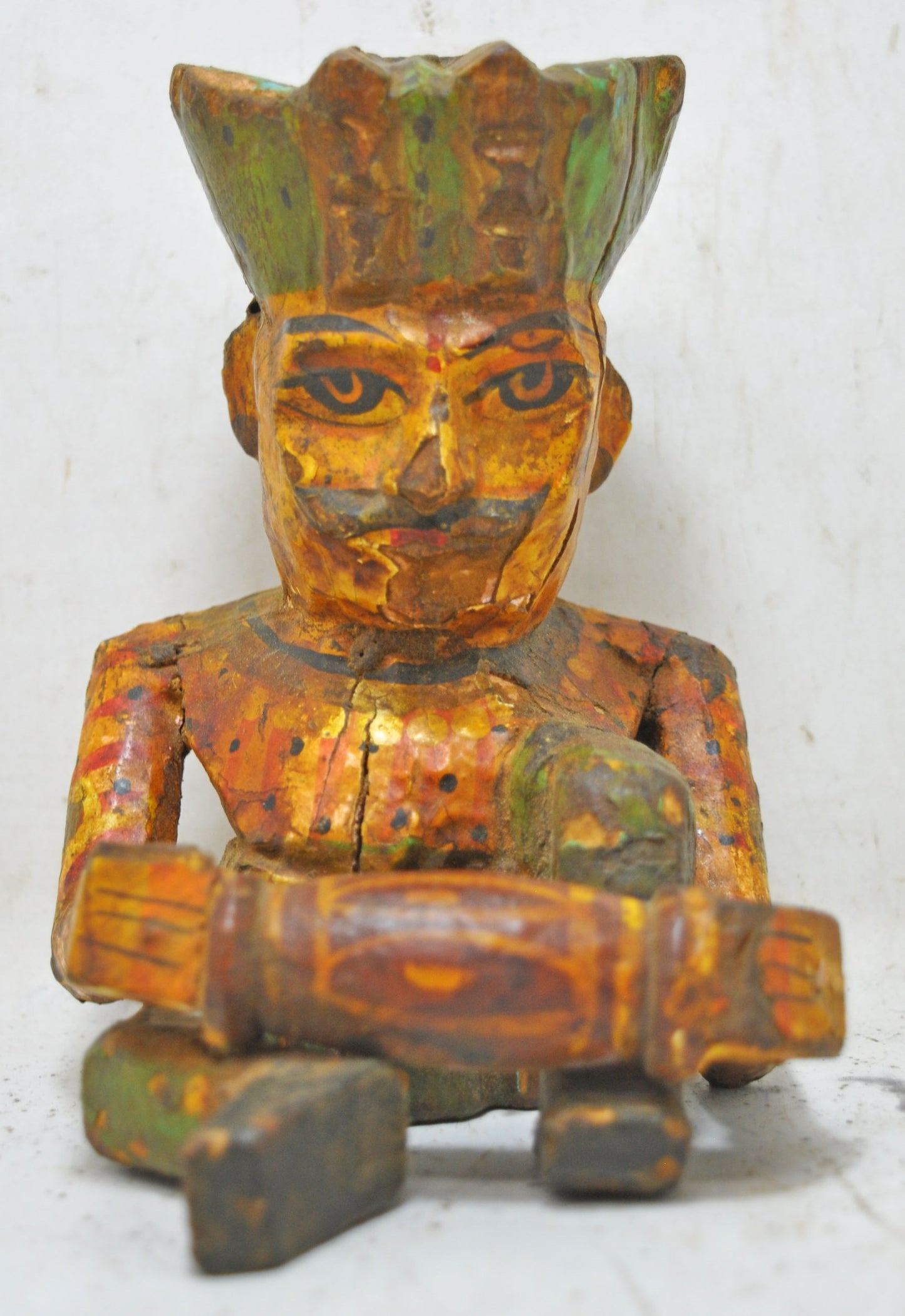 Vintage Wooden Musician Man Figurine Original Old Hand Carved Painted