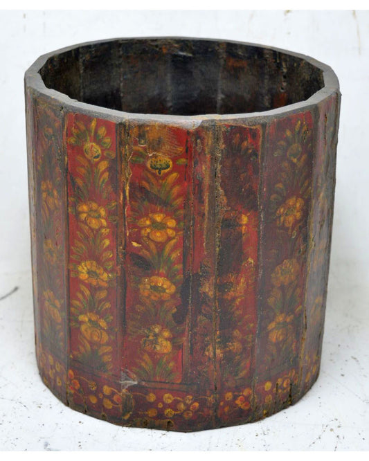 Vintage Wooden Round Grain Measurement Pot Mana Original Old Hand Painted