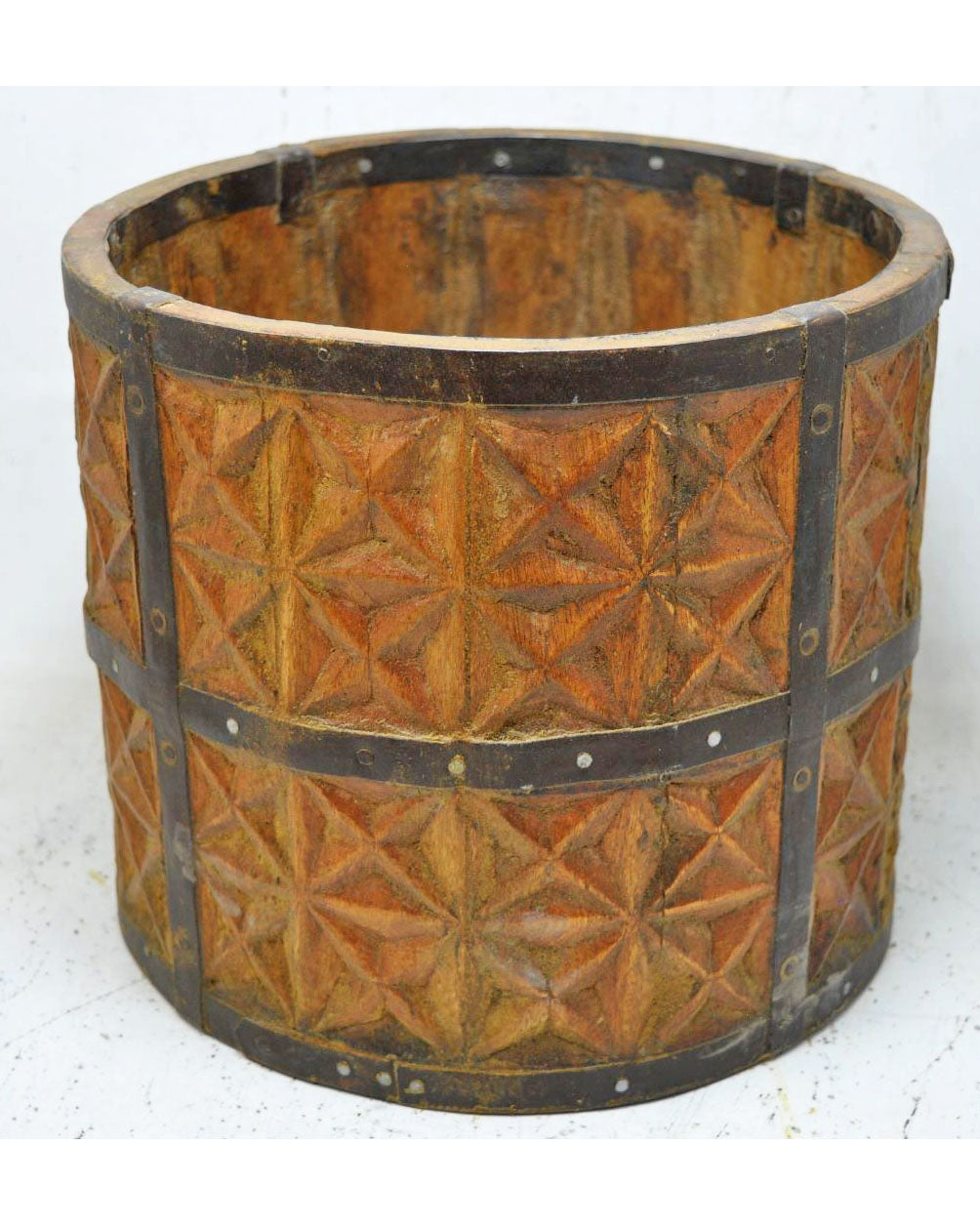 Vintage Wooden Round Grain Measurement Pot Mana Original Old Carved Metal Fitted