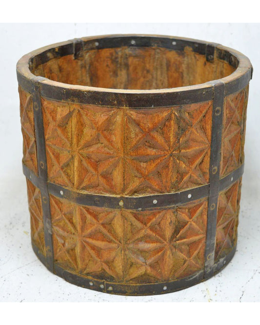 Vintage Wooden Round Grain Measurement Pot Mana Original Old Carved Metal Fitted