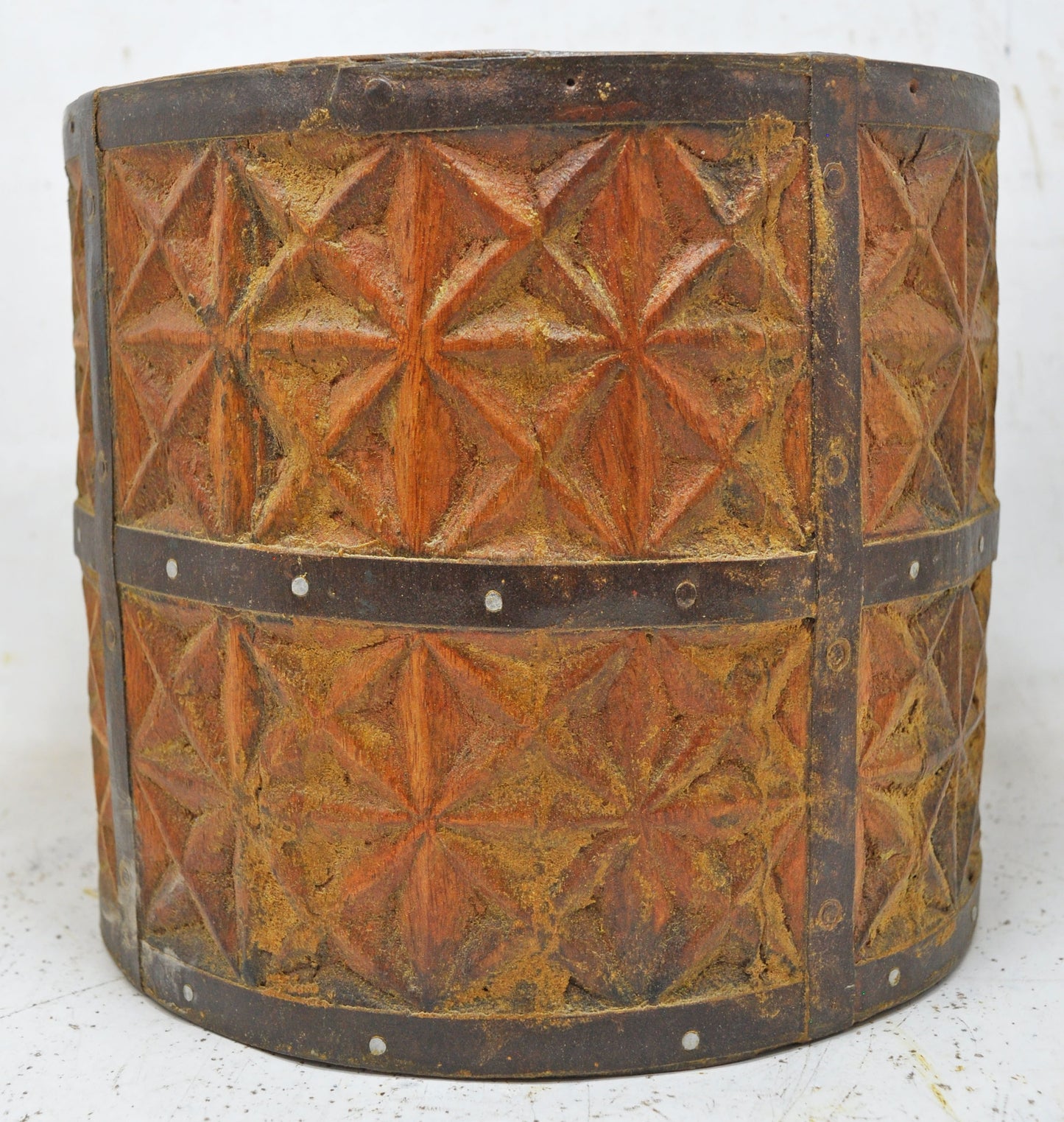 Vintage Wooden Round Grain Measurement Pot Mana Original Old Carved Metal Fitted