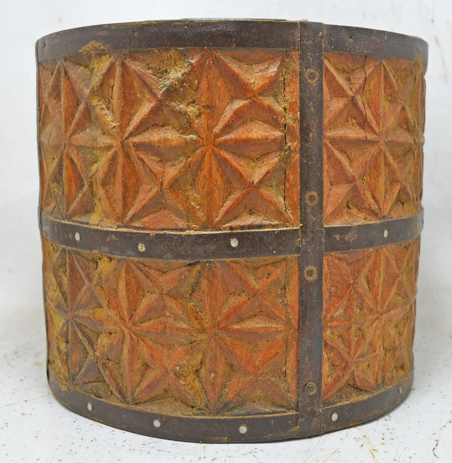 Vintage Wooden Round Grain Measurement Pot Mana Original Old Carved Metal Fitted