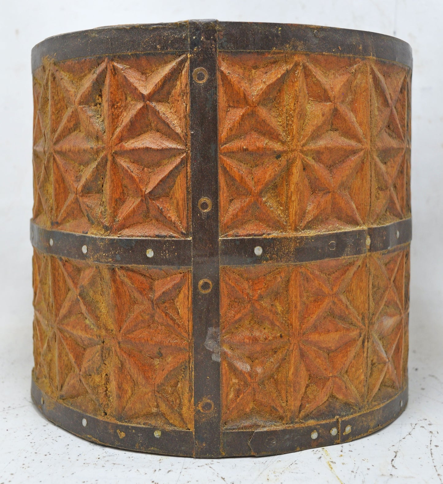 Vintage Wooden Round Grain Measurement Pot Mana Original Old Carved Metal Fitted