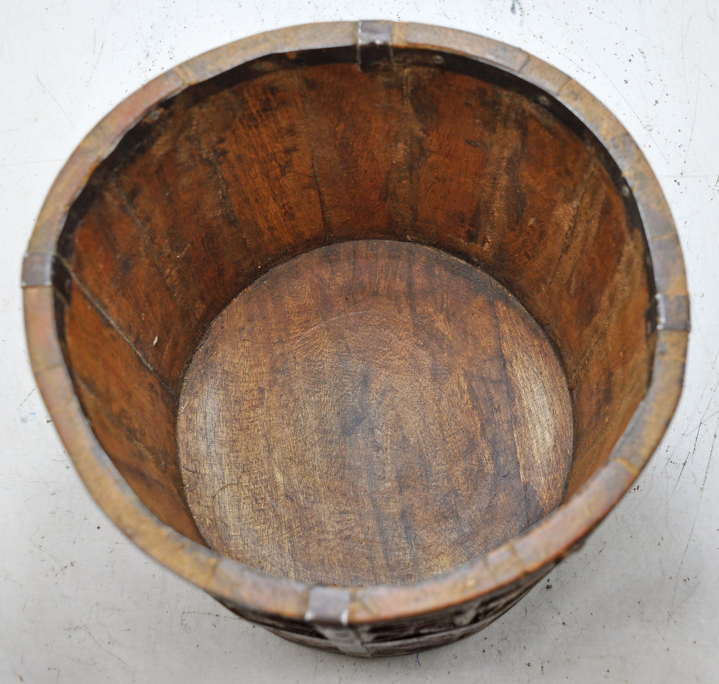 Vintage Wooden Round Grain Measurement Pot Mana Original Old Carved Metal Fitted
