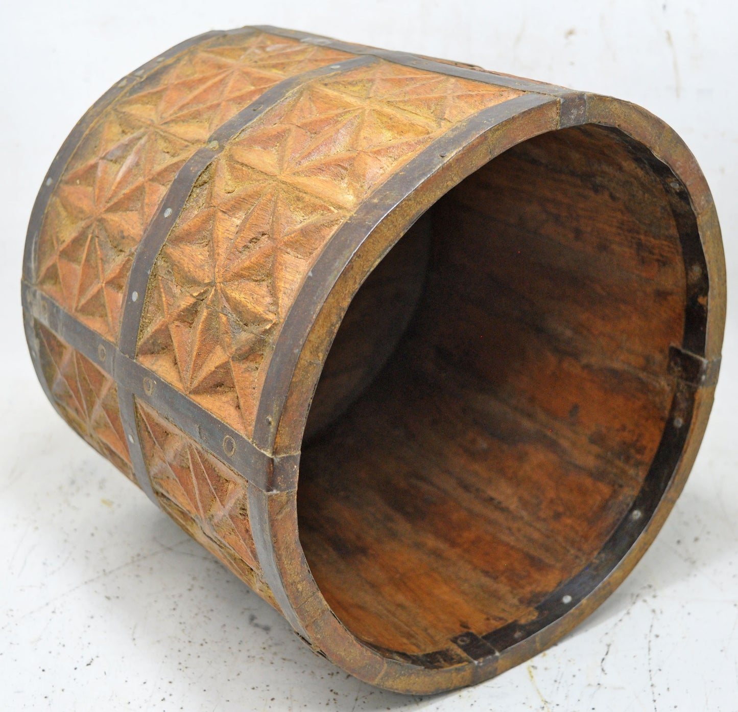 Vintage Wooden Round Grain Measurement Pot Mana Original Old Carved Metal Fitted