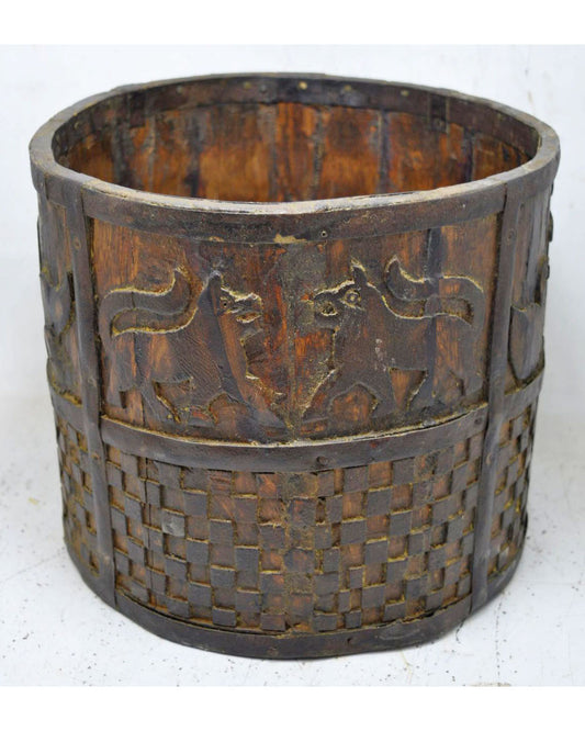 Vintage Wooden Round Grain Measurement Pot Mana Original Old Carved Metal Fitted
