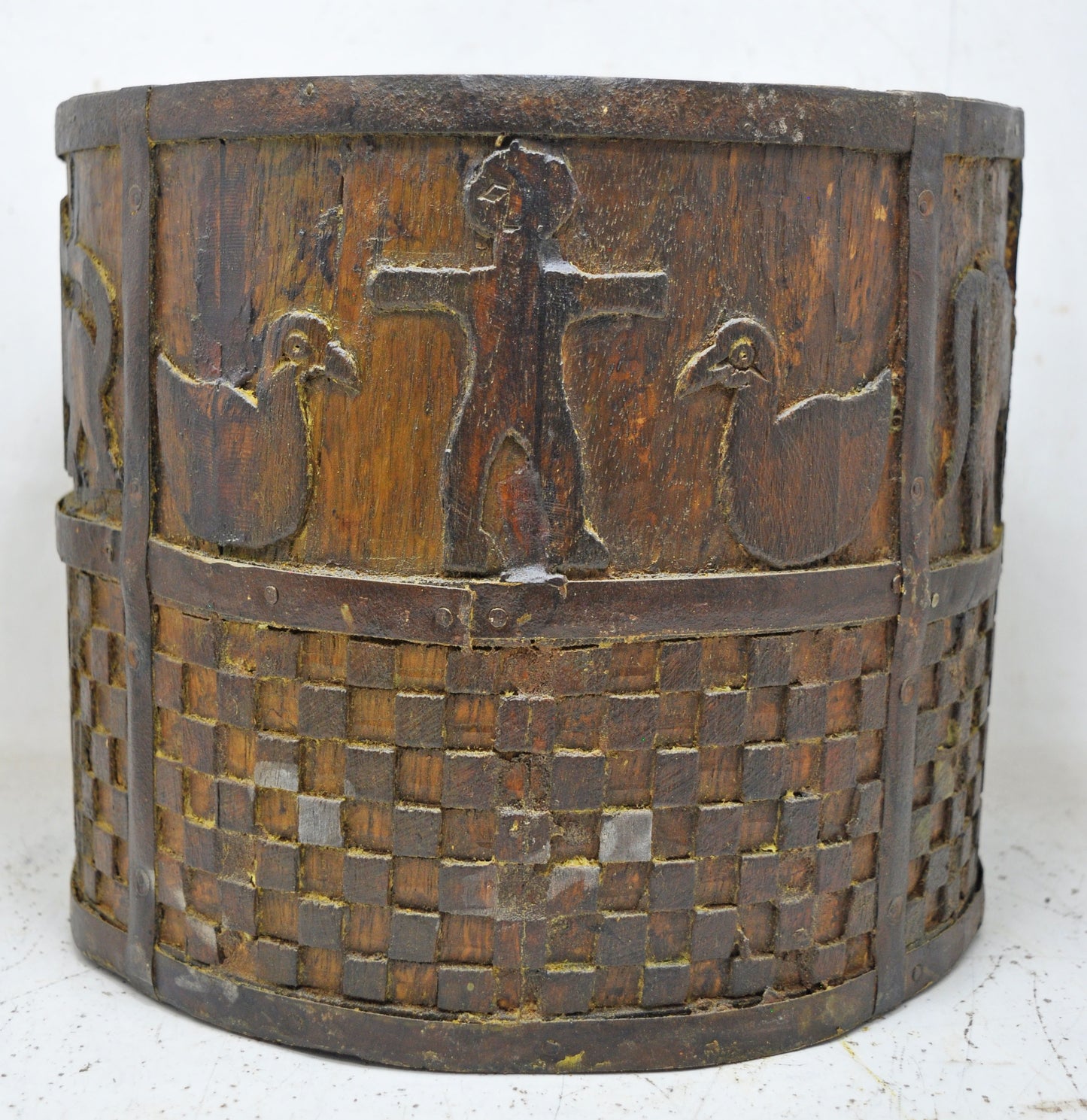 Vintage Wooden Round Grain Measurement Pot Mana Original Old Carved Metal Fitted