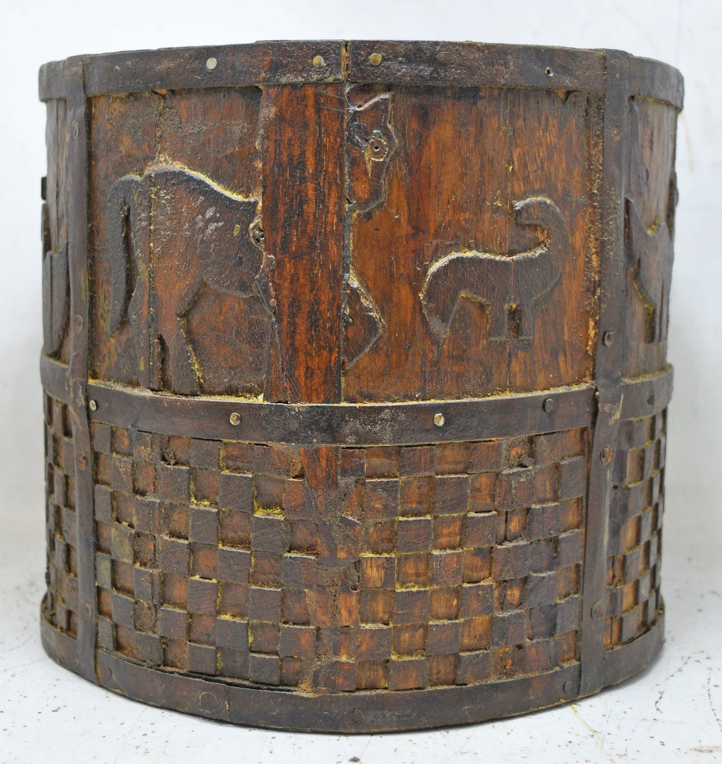 Vintage Wooden Round Grain Measurement Pot Mana Original Old Carved Metal Fitted