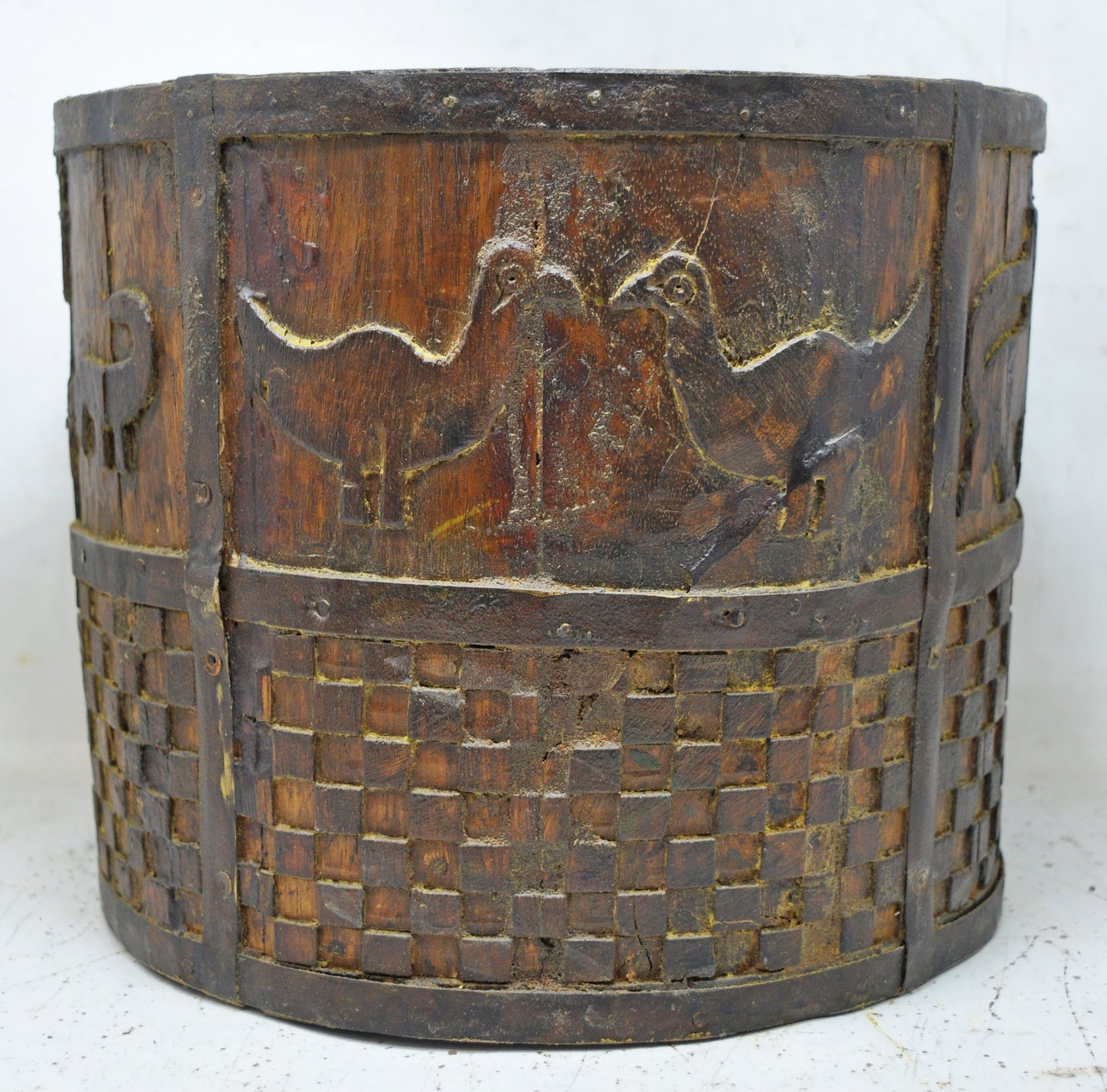 Vintage Wooden Round Grain Measurement Pot Mana Original Old Carved Metal Fitted