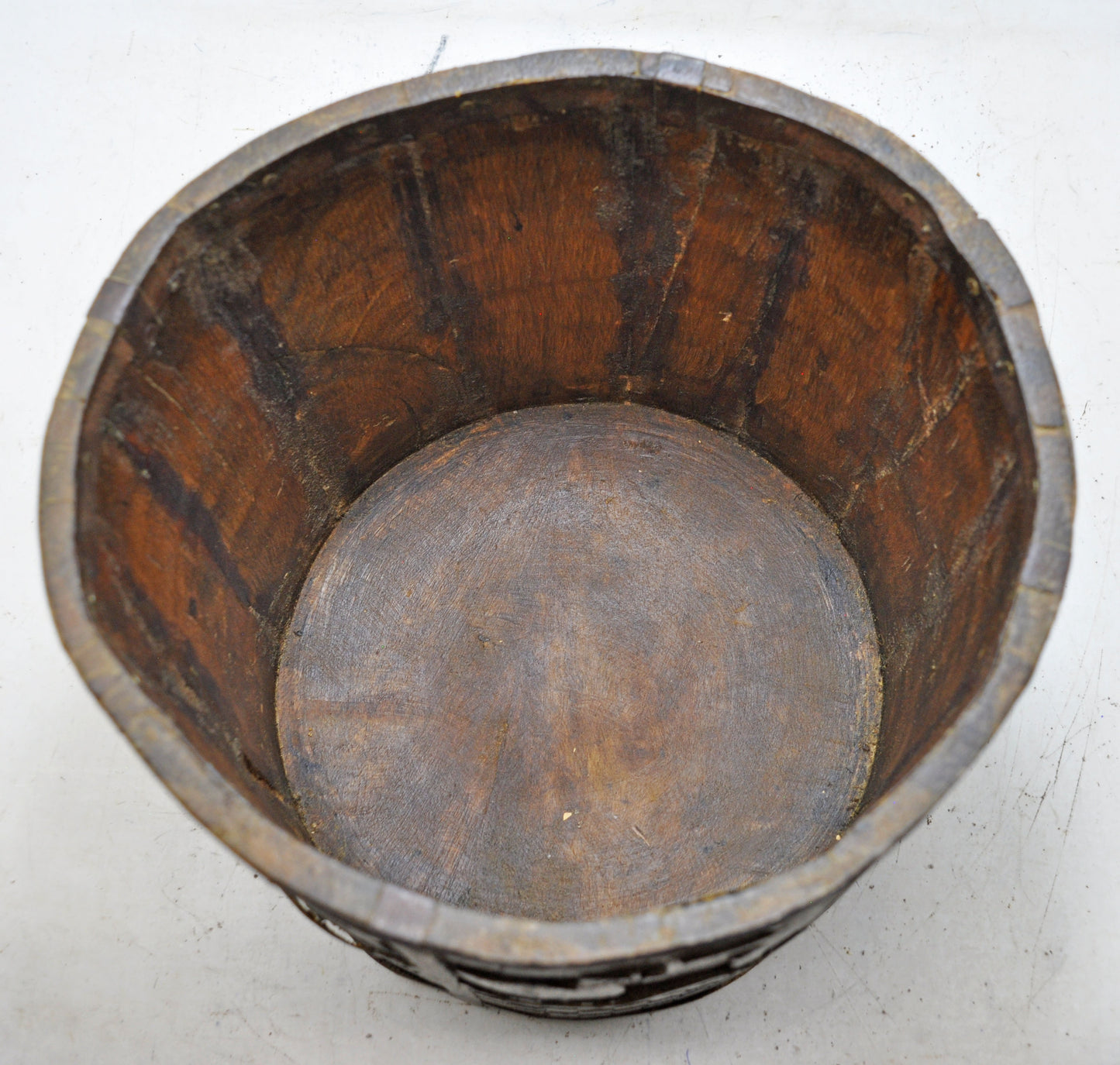 Vintage Wooden Round Grain Measurement Pot Mana Original Old Carved Metal Fitted