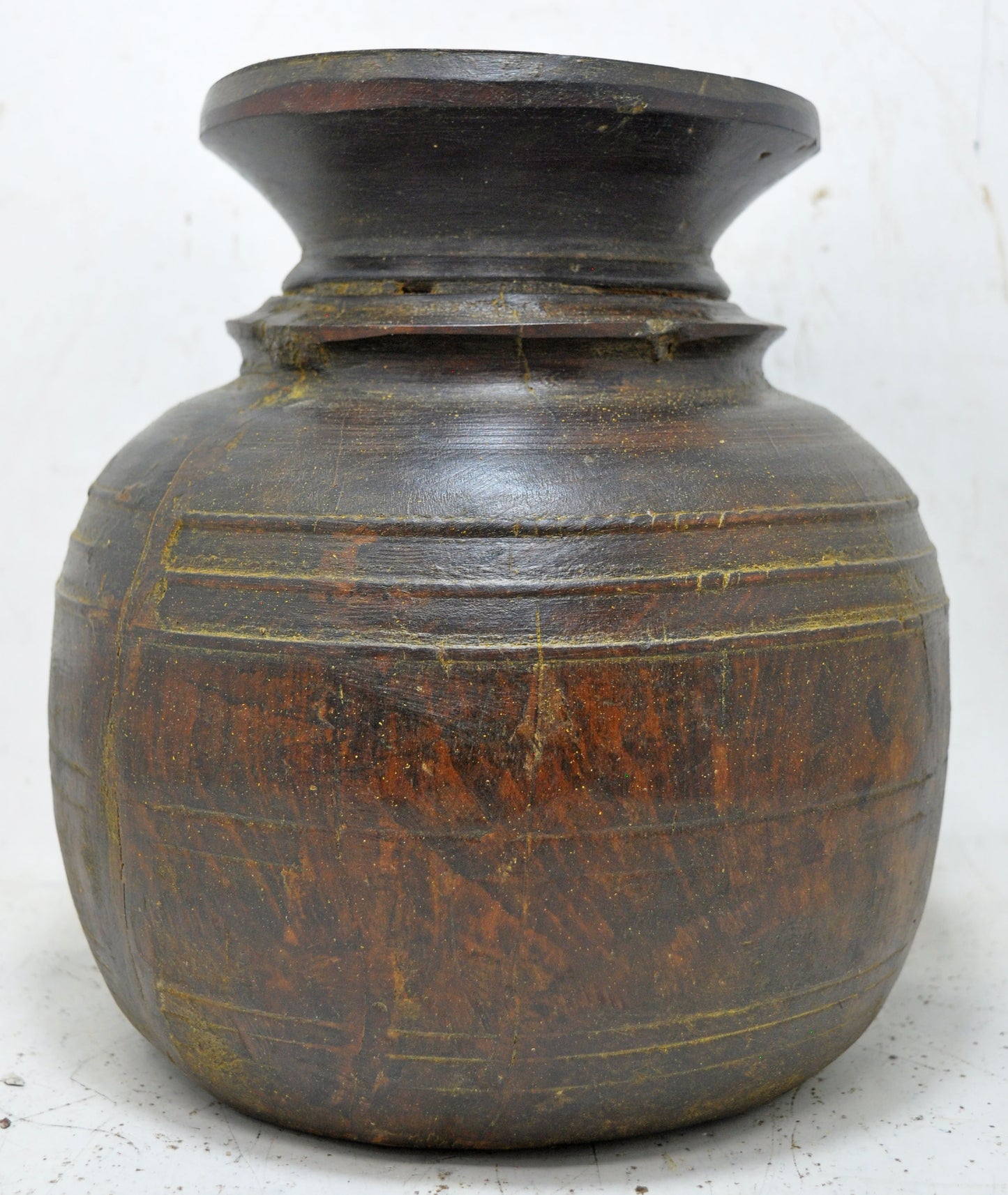 Antique Wooden Round Kitchenware Water Storage Pot Original Old Hand Carved