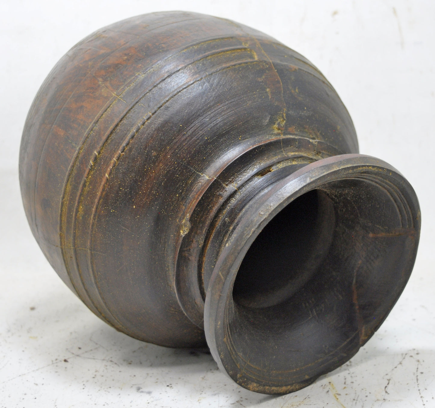 Antique Wooden Round Kitchenware Water Storage Pot Original Old Hand Carved