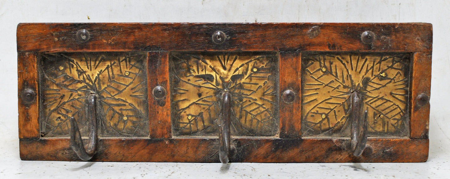 Vintage Wooden 3 Hook Hanger Hardware Original Old Hand Crafted