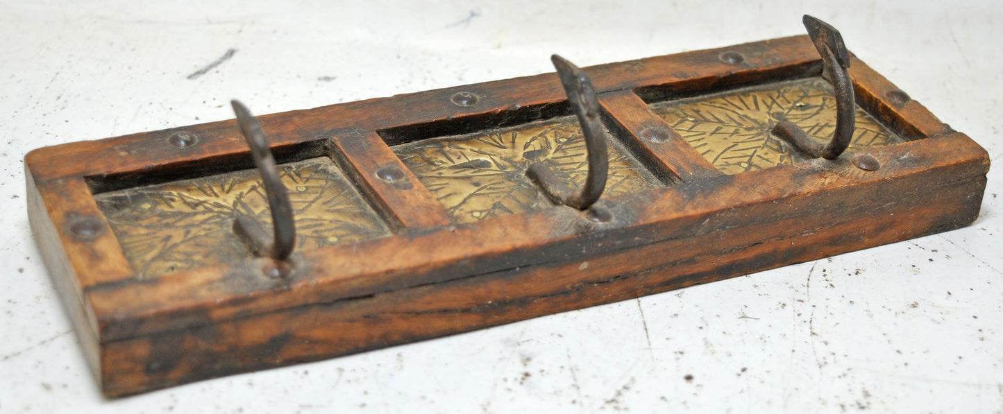 Vintage Wooden 3 Hook Hanger Hardware Original Old Hand Crafted