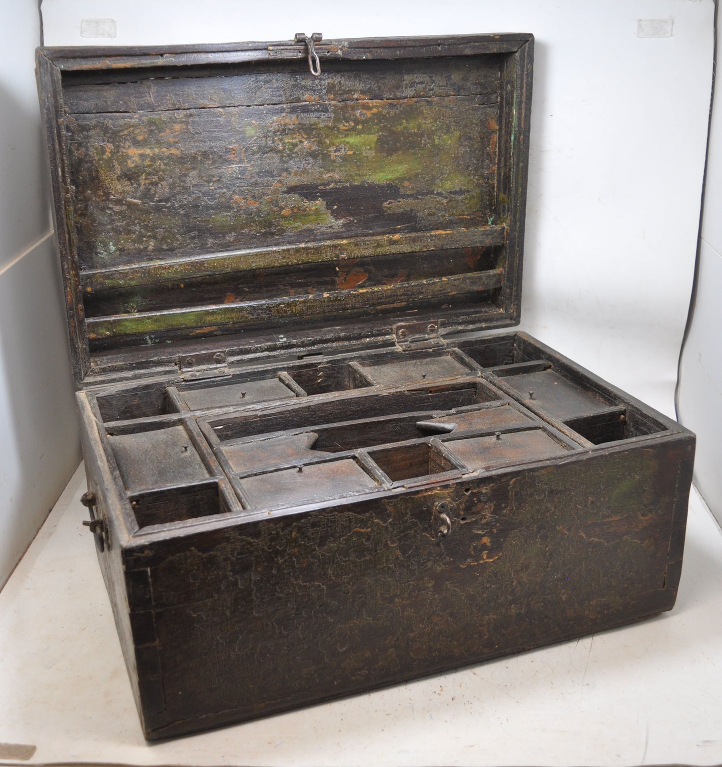 Antique Wooden Large Cash Chest Money Box Original Old Intricate Crafted Polychrome