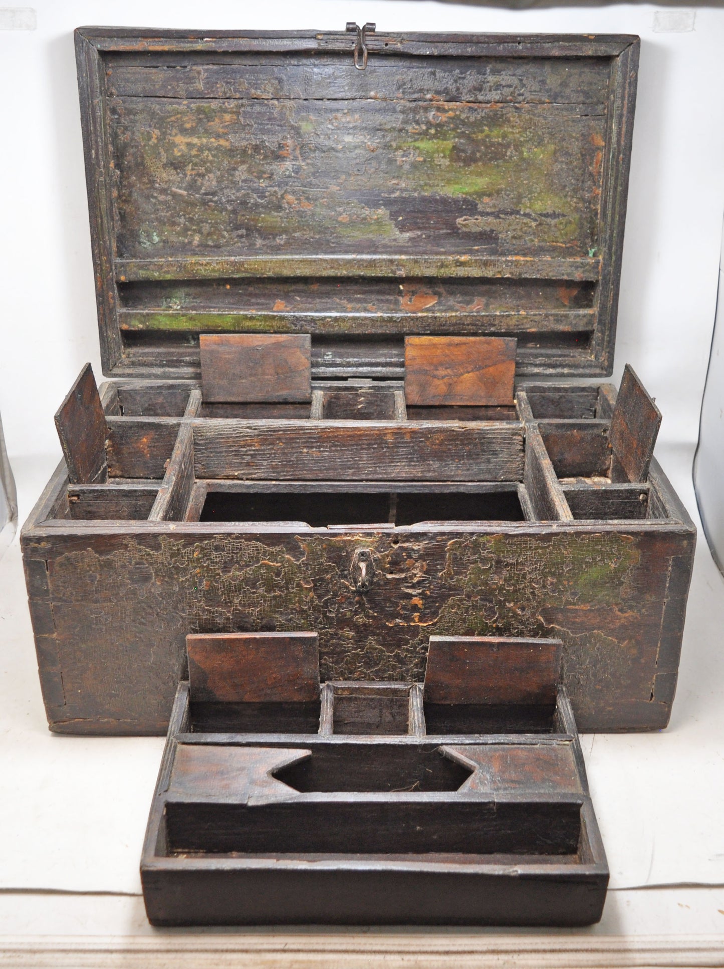 Antique Wooden Large Cash Chest Money Box Original Old Intricate Crafted Polychrome
