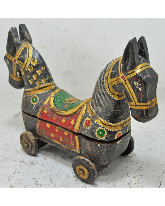 Hand Carved Wooden Horse on Wheels Figurine Spice Box Fine Hand Painted