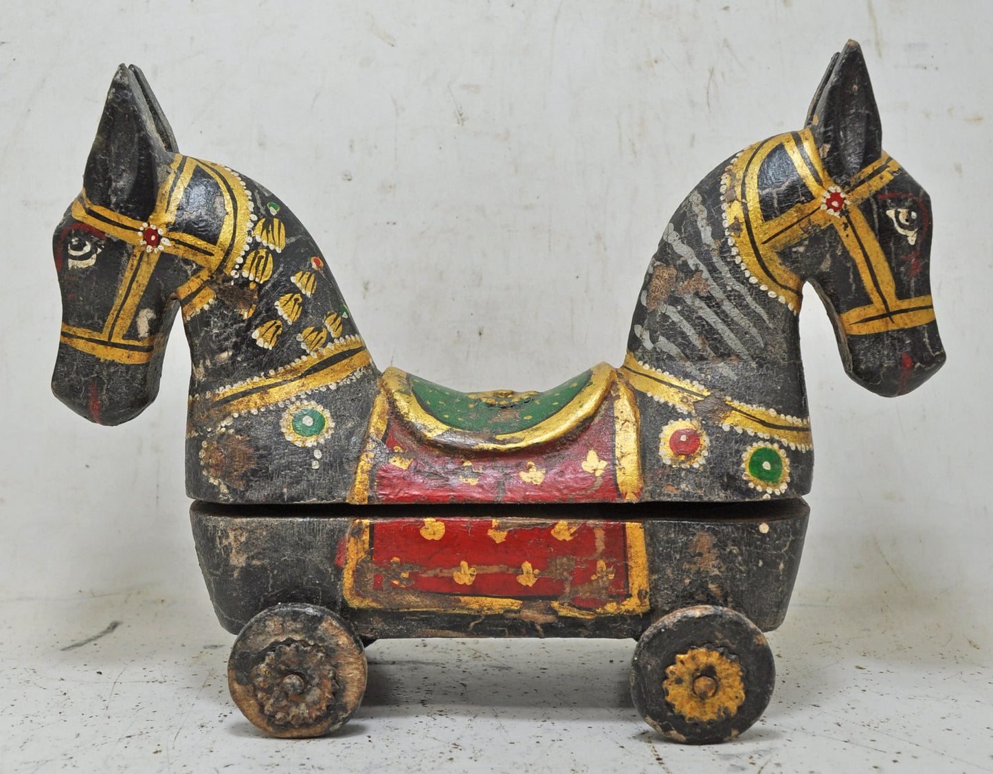 Hand Carved Wooden Horse on Wheels Figurine Spice Box Fine Hand Painted