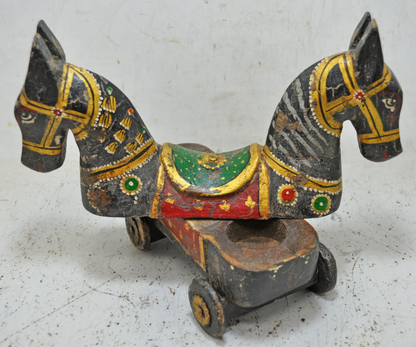 Hand Carved Wooden Horse on Wheels Figurine Spice Box Fine Hand Painted