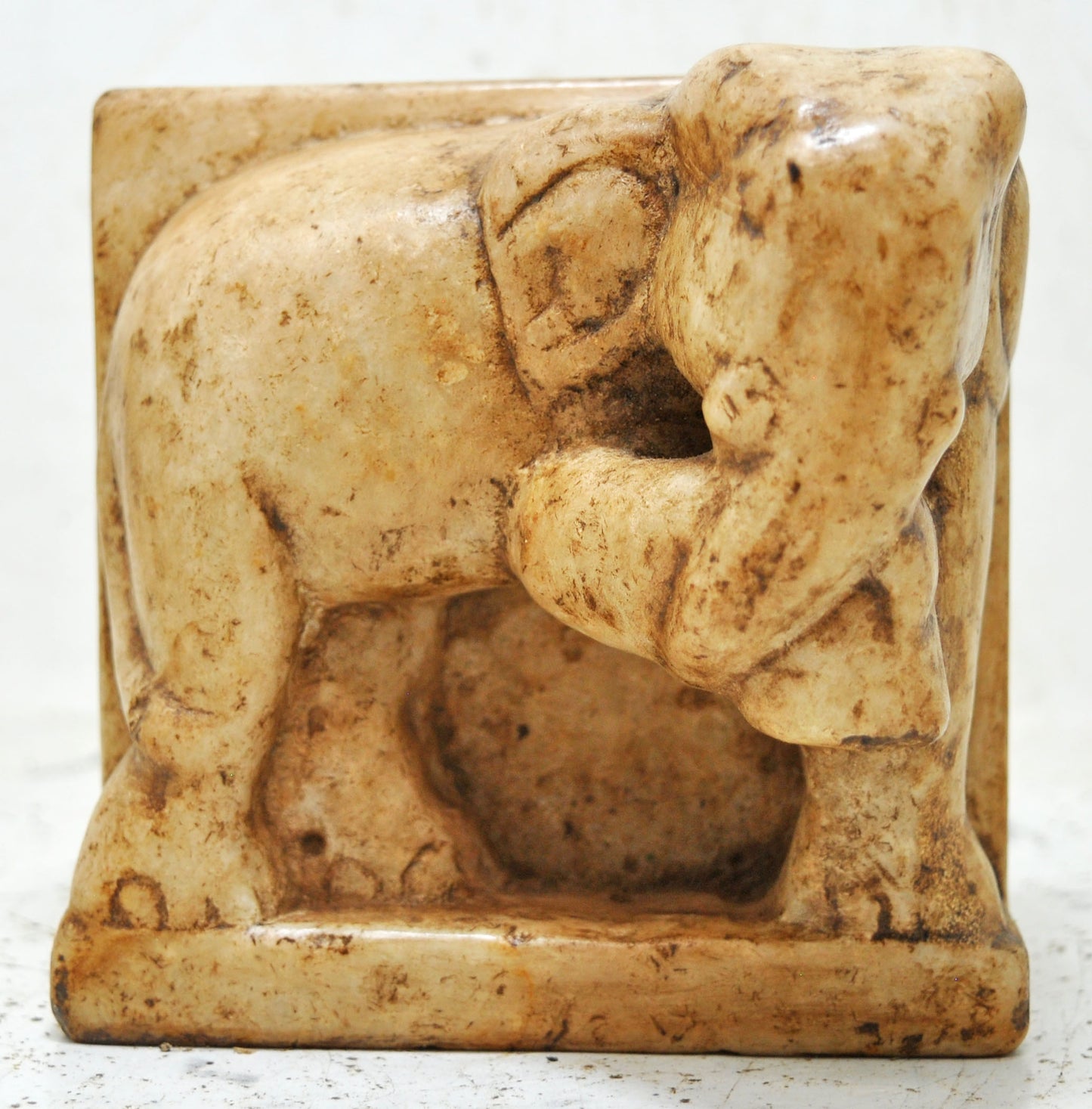 Antique White Marble Elephant Figurine Book End Original Old Fine Hand Carved
