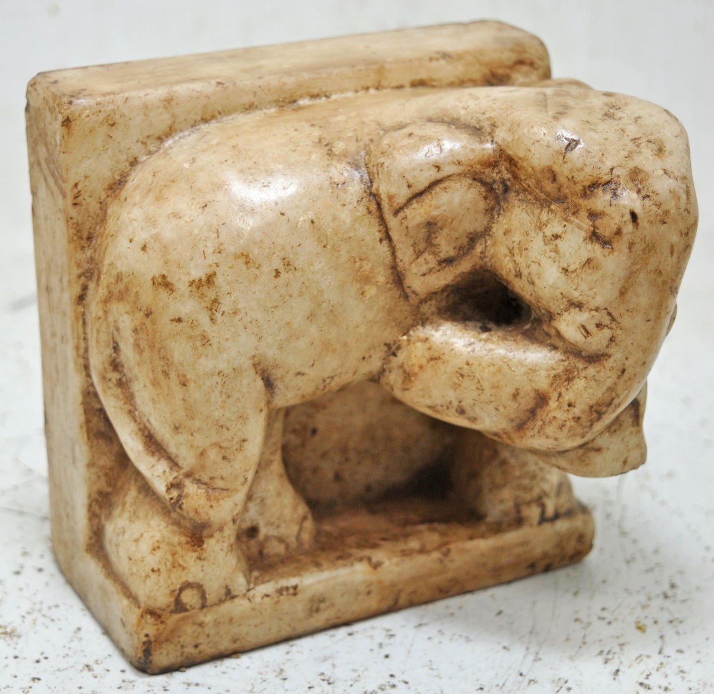 Antique White Marble Elephant Figurine Book End Original Old Fine Hand Carved
