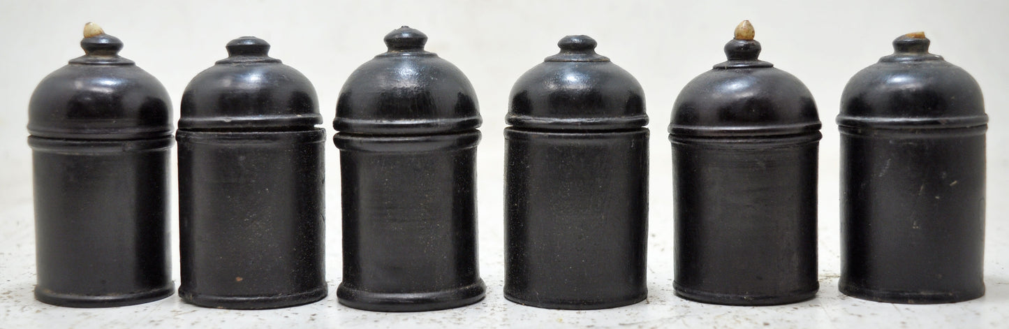 Vintage Lot of 6 Wooden Round Candy Boxes Original Old Black Lacquer Painted