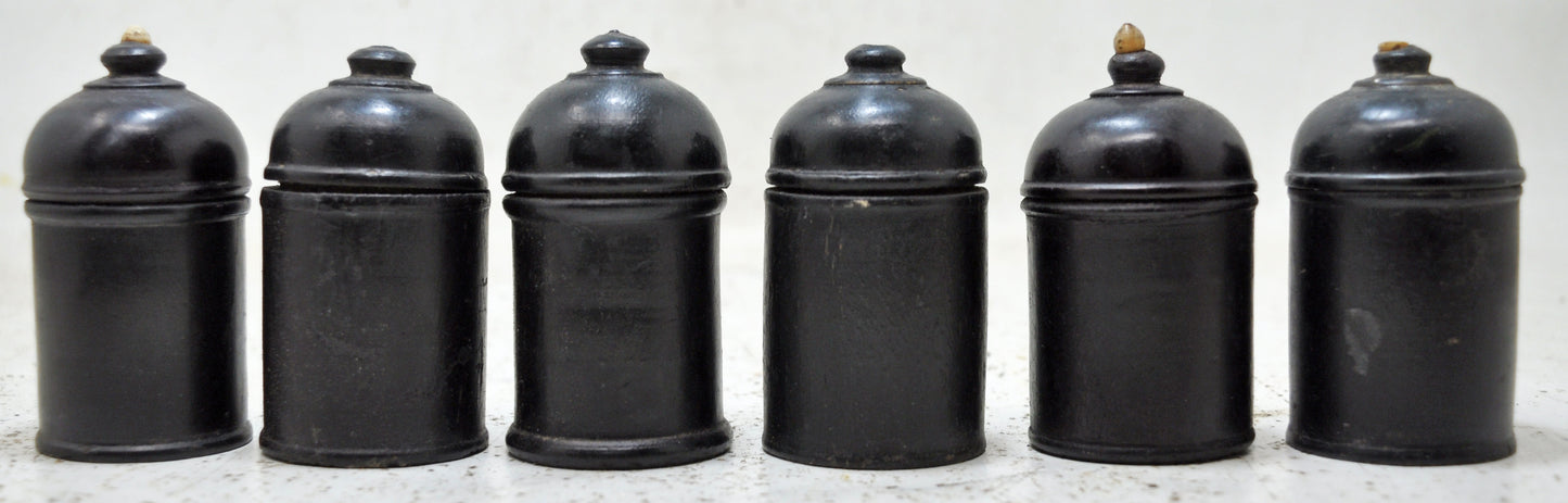 Vintage Lot of 6 Wooden Round Candy Boxes Original Old Black Lacquer Painted