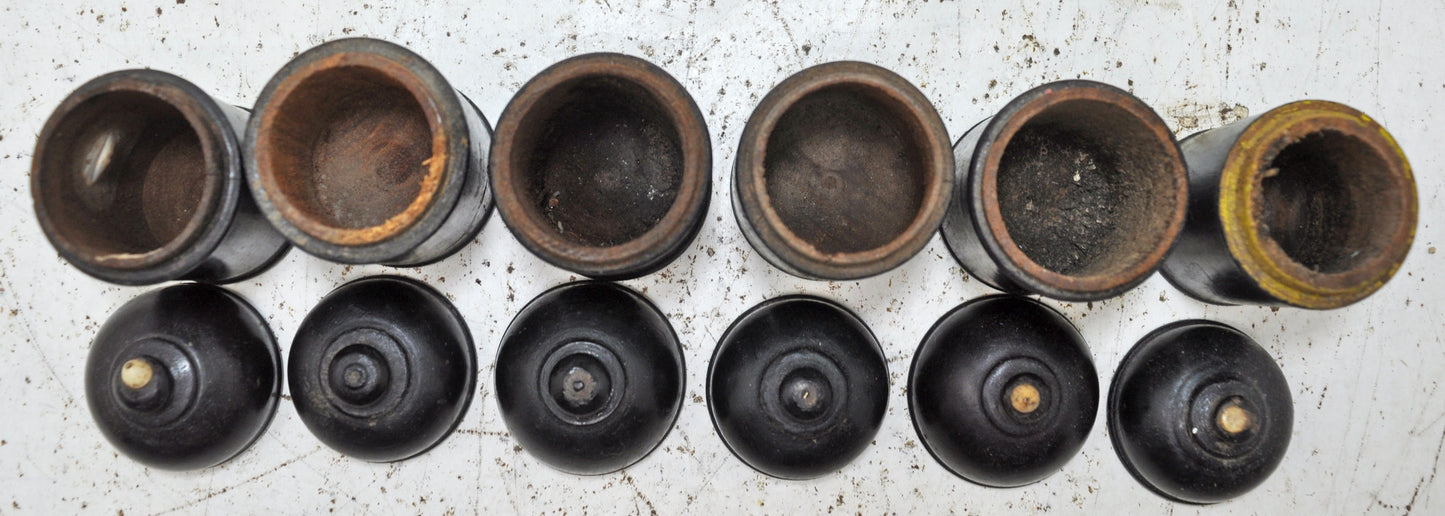 Vintage Lot of 6 Wooden Round Candy Boxes Original Old Black Lacquer Painted