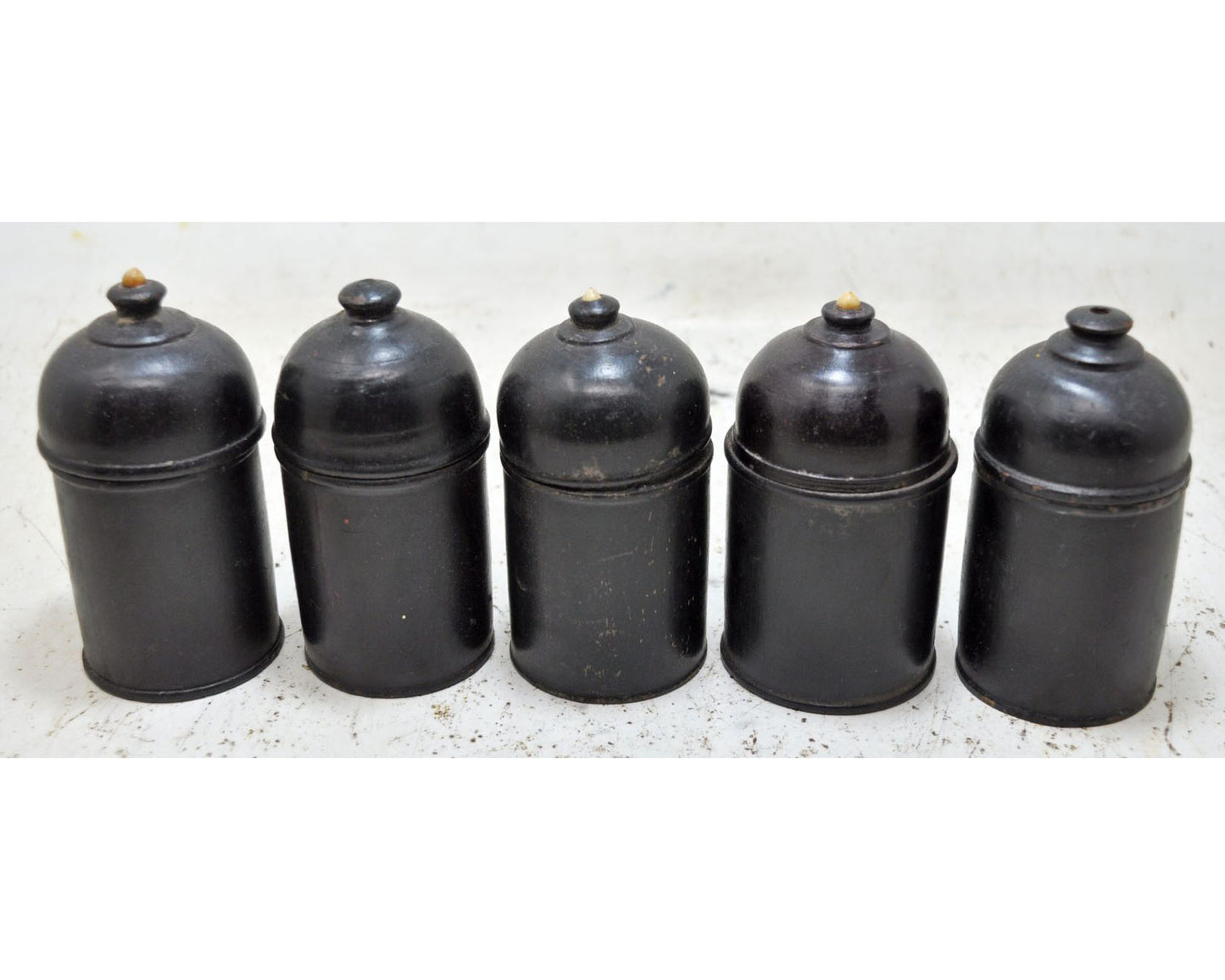 Vintage Lot of 6 Wooden Round Candy Boxes Original Old Black Lacquer Painted