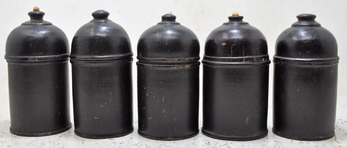 Vintage Lot of 6 Wooden Round Candy Boxes Original Old Black Lacquer Painted