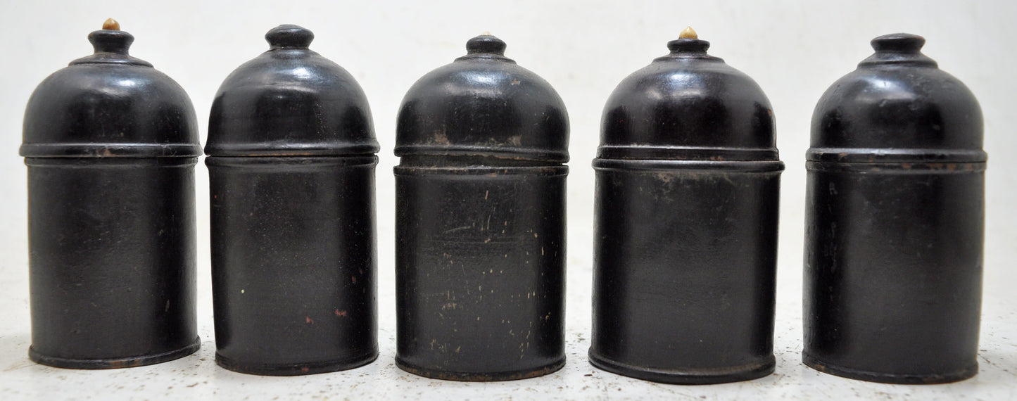Vintage Lot of 6 Wooden Round Candy Boxes Original Old Black Lacquer Painted