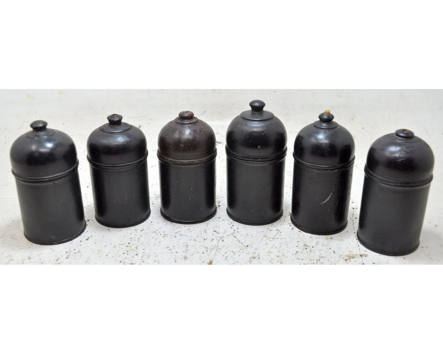 Vintage Lot of 6 Wooden Round Candy Boxes Original Old Black Lacquer Painted