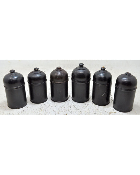 Vintage Lot of 6 Wooden Round Candy Boxes Original Old Black Lacquer Painted