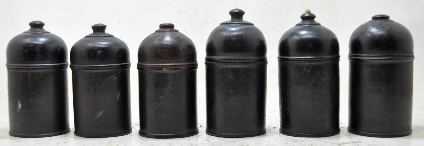 Vintage Lot of 6 Wooden Round Candy Boxes Original Old Black Lacquer Painted