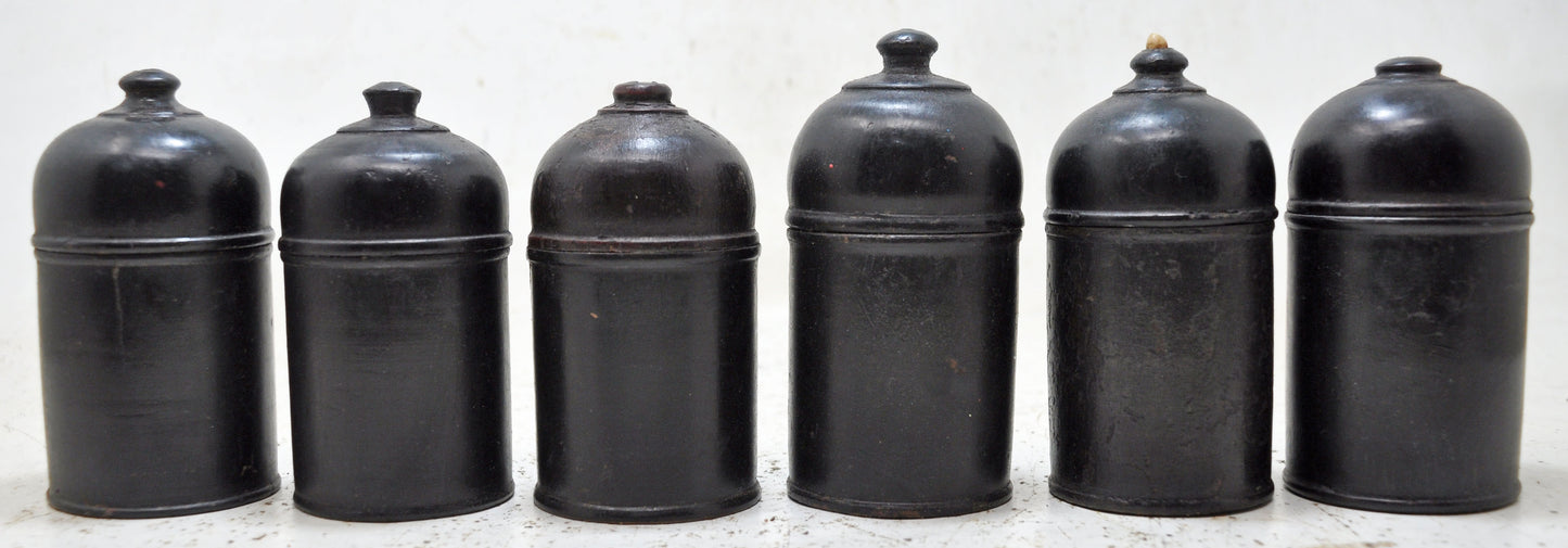 Vintage Lot of 6 Wooden Round Candy Boxes Original Old Black Lacquer Painted