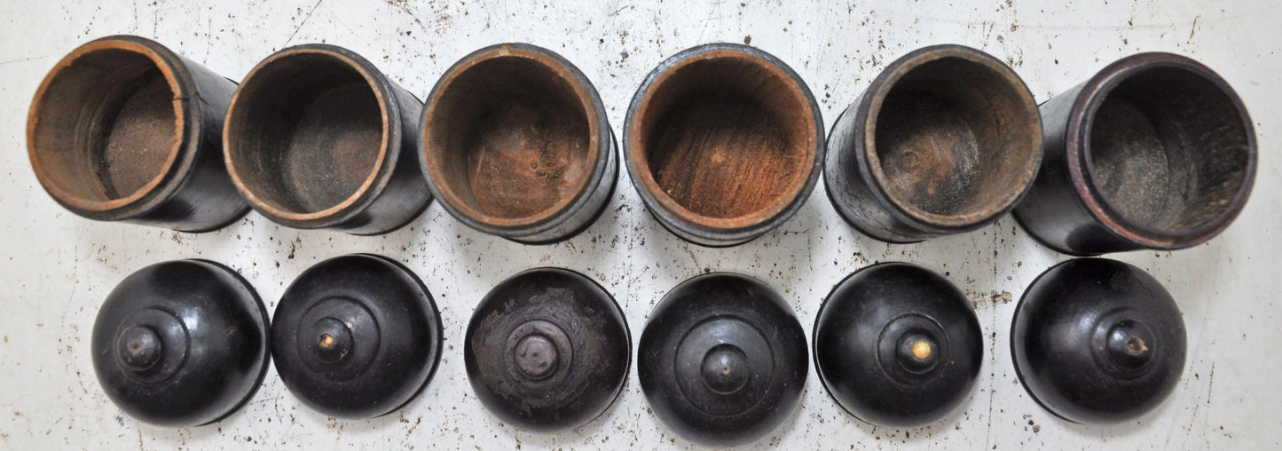 Vintage Lot of 6 Wooden Round Candy Boxes Original Old Black Lacquer Painted