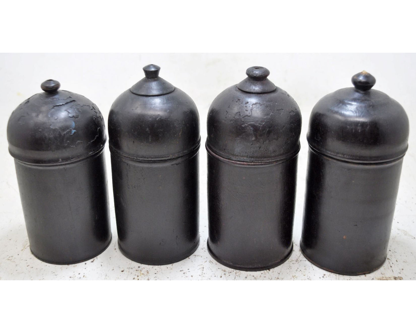 Vintage Lot of 4 Wooden Round Candy Boxes Original Old Black Lacquer Painted